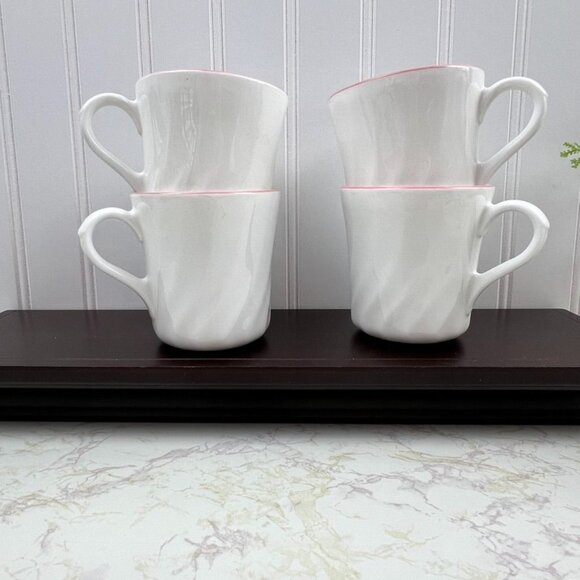 Set of 4 White Ceramic Coffee Mugs with Pink Rim 8oz Capacity Swirl Pattern - Picture 7 of 10